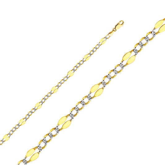 14k Two-tone Gold 4.8mm White Pave Stamped Figaro Unisex Chain Necklace