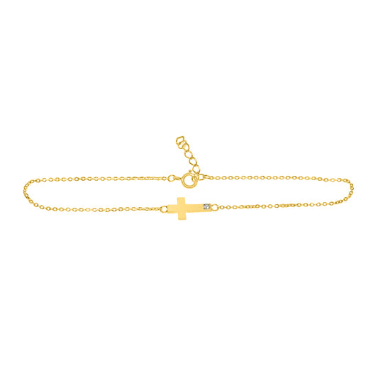 14k Yellow Gold Cubic Zirconia Sideways Cross Chain Bracelet