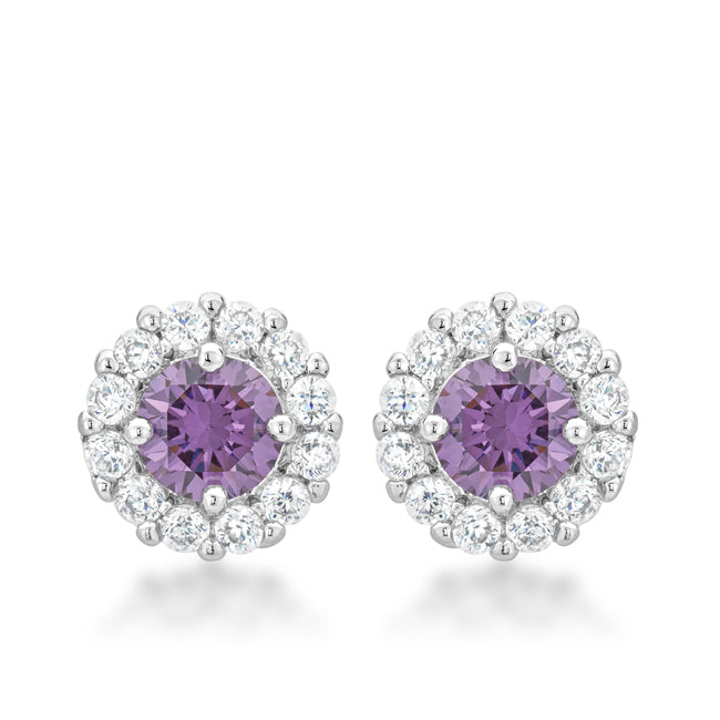 Silvertone Light Purple Cubic Zirconia Halo Stud Earrings