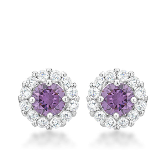 Silvertone Light Purple Cubic Zirconia Halo Stud Earrings