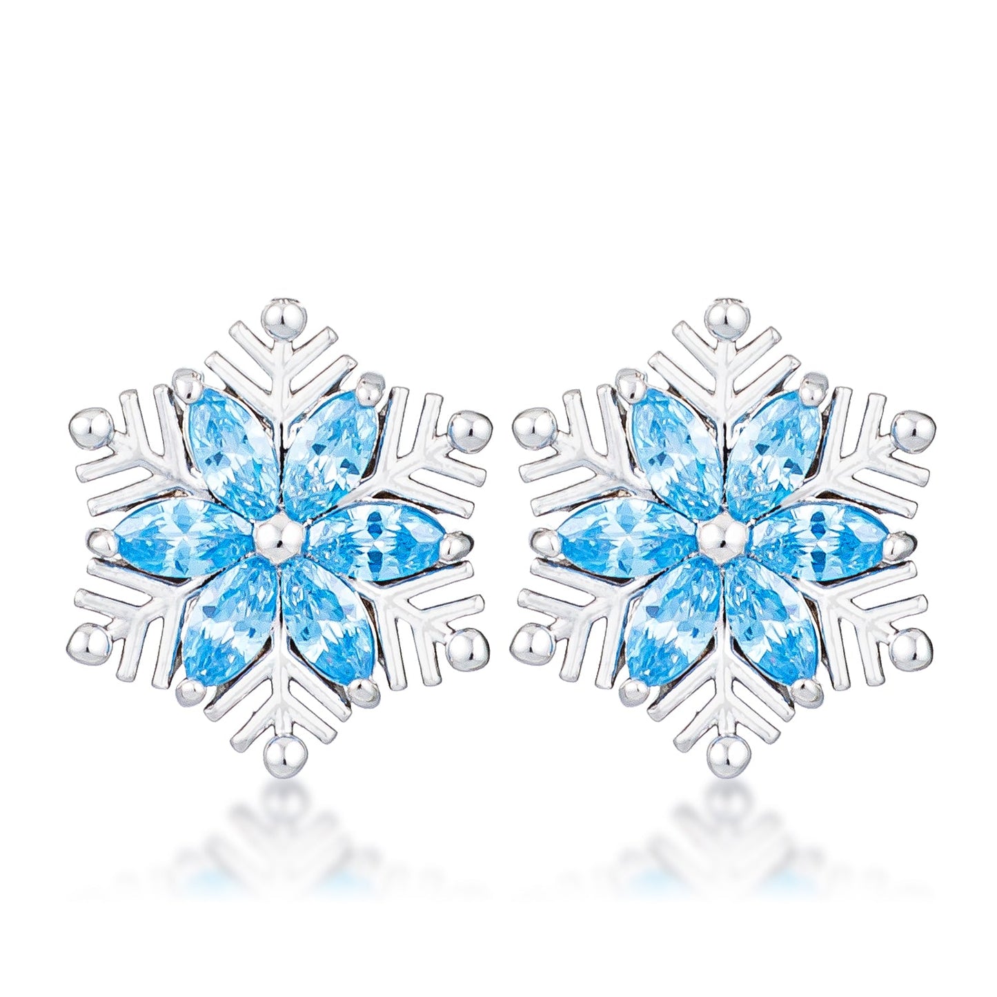 Silvertone Aqua Blue Cubic Zirconia Snowflake Earrings Studs