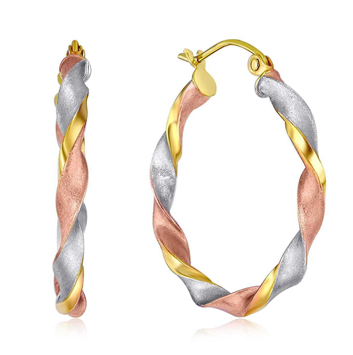 Genuine 14K Tri-tone Gold Twisted Hoop Earrings For Women - 25mm Diameter