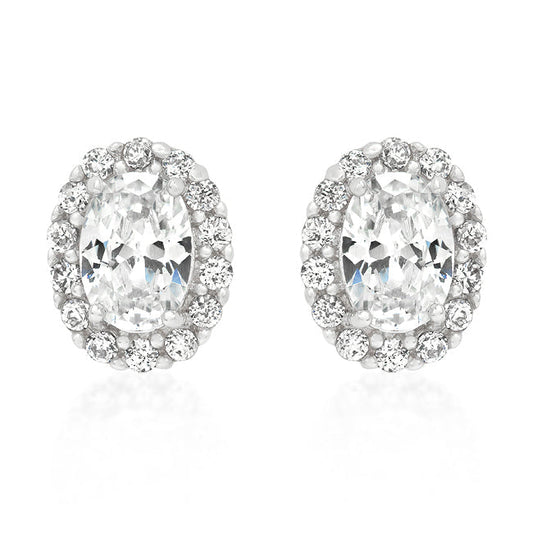 Precious Stars Silvertone Clear Cubic Zirconia Oval Halo Stud Earrings