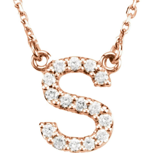 14K Rose Gold 0.16ct White Diamond 0.36" Initial S Alphabet Pendant Necklace