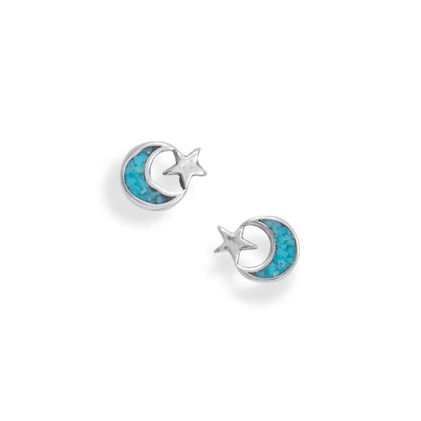 Oxidized Sterling Silver Turquoise Chip Moon and Star Earrings