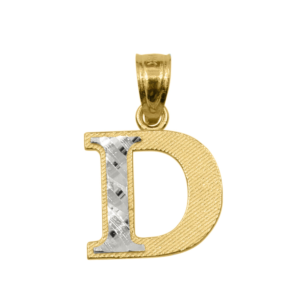 Genuine 14k Two-tone Gold 0.59" Diamond-cut Initial Block Letter 'D' Pendant For Men or Women - Gold Block Letter Charm