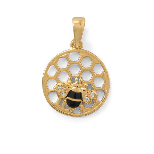 14k Yellow Gold Plated Sterling Silver Cubic Zirconia Honeycomb and Bee Pendant