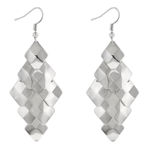 Silvertone Square Disc Cascading Dangling Earrings