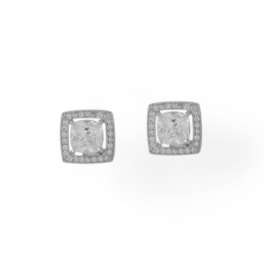 Rhodium Plated Sterling Silver Square Cubic Zirconia with Halo Stud Earrings