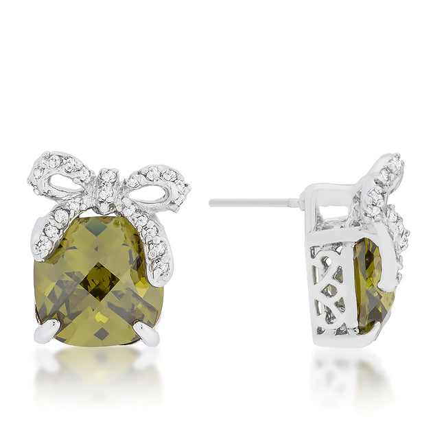 Silvertone Olive Cubic Zirconia Bow Stud Earrings