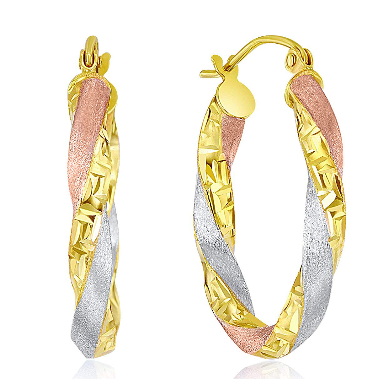 Genuine 14k Tri-tone Gold 3mm Wide Hollow Curled Oval Hoop Earrings for Women