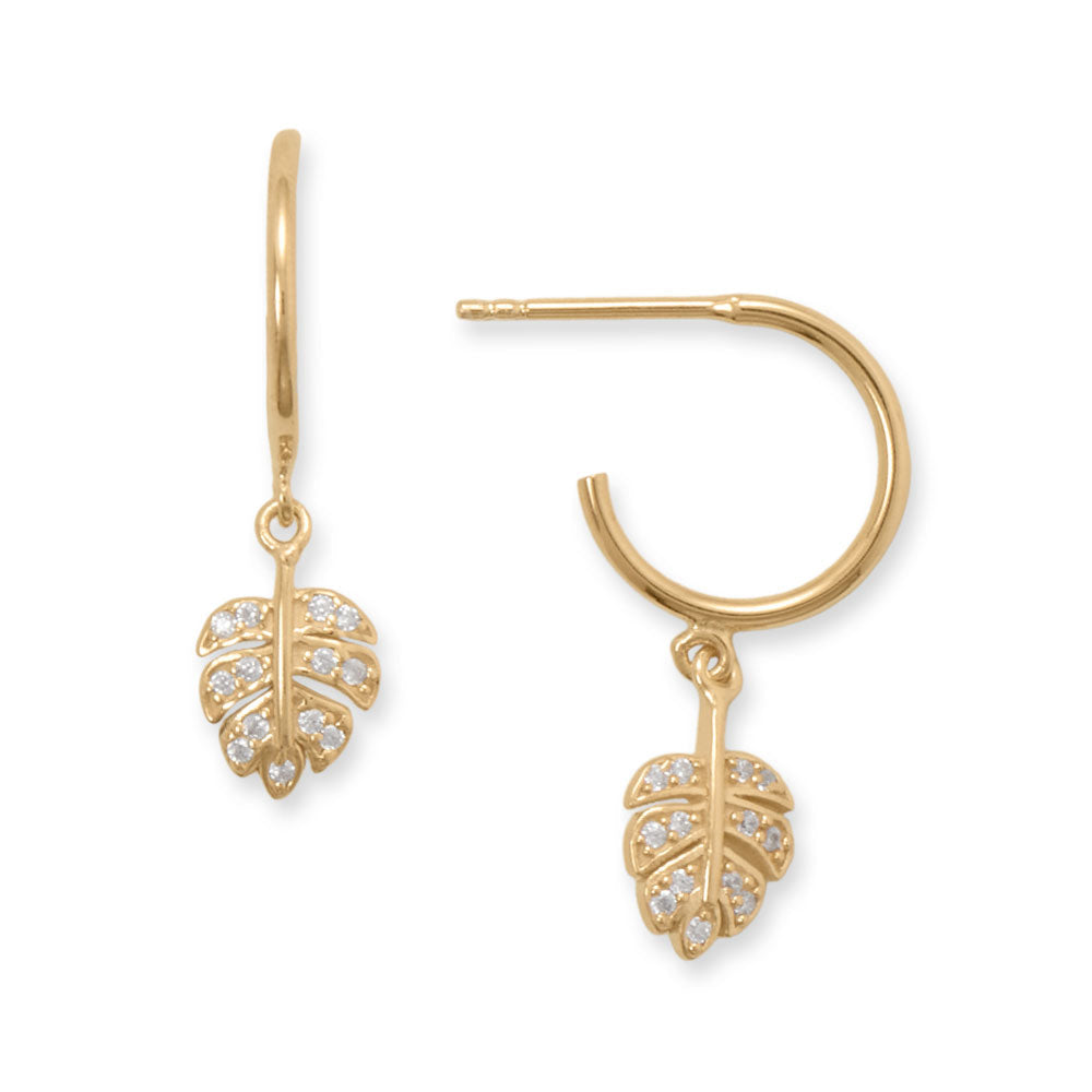 14K Gold Plated Sterling Silver Cubic Zirconia Decorated Leaf Charm Earrings