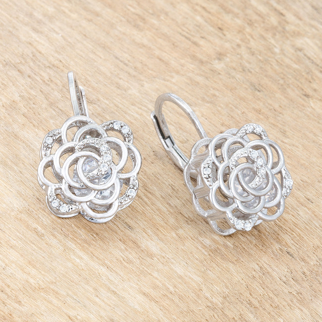 Silvertone Cubic Zirconia 3D Rose-Shape Drop Earrings