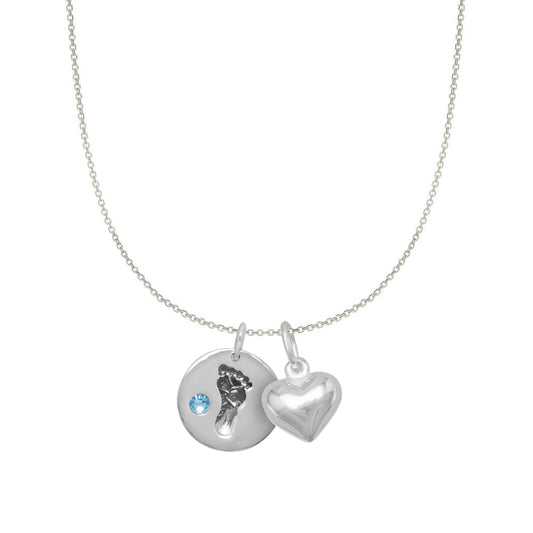 Sterling Silver Blue Crystal Baby Footprint and Heart Charm Necklace