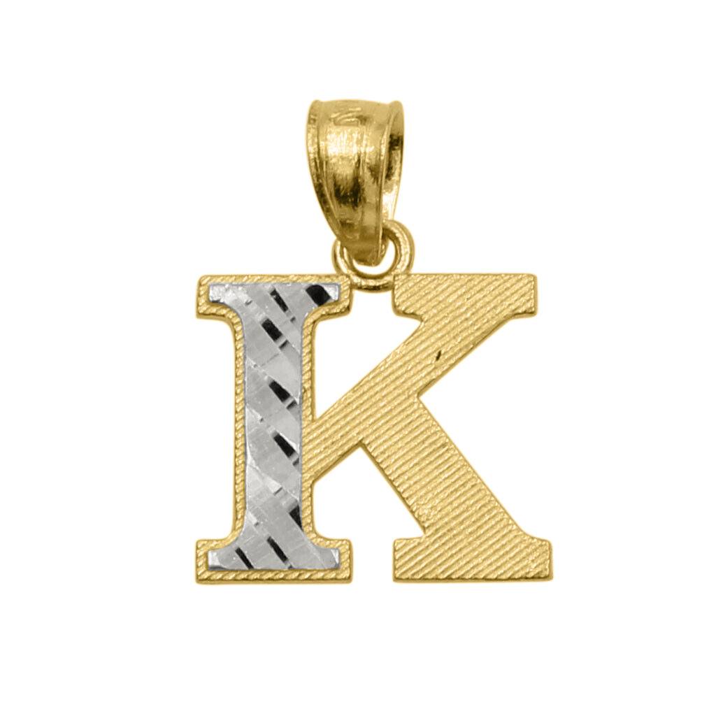 Genuine 14k Two-tone Gold 0.59" Diamond-cut Initial Block Letter 'K' Pendant For Men or Women - Gold Block Letter Charm