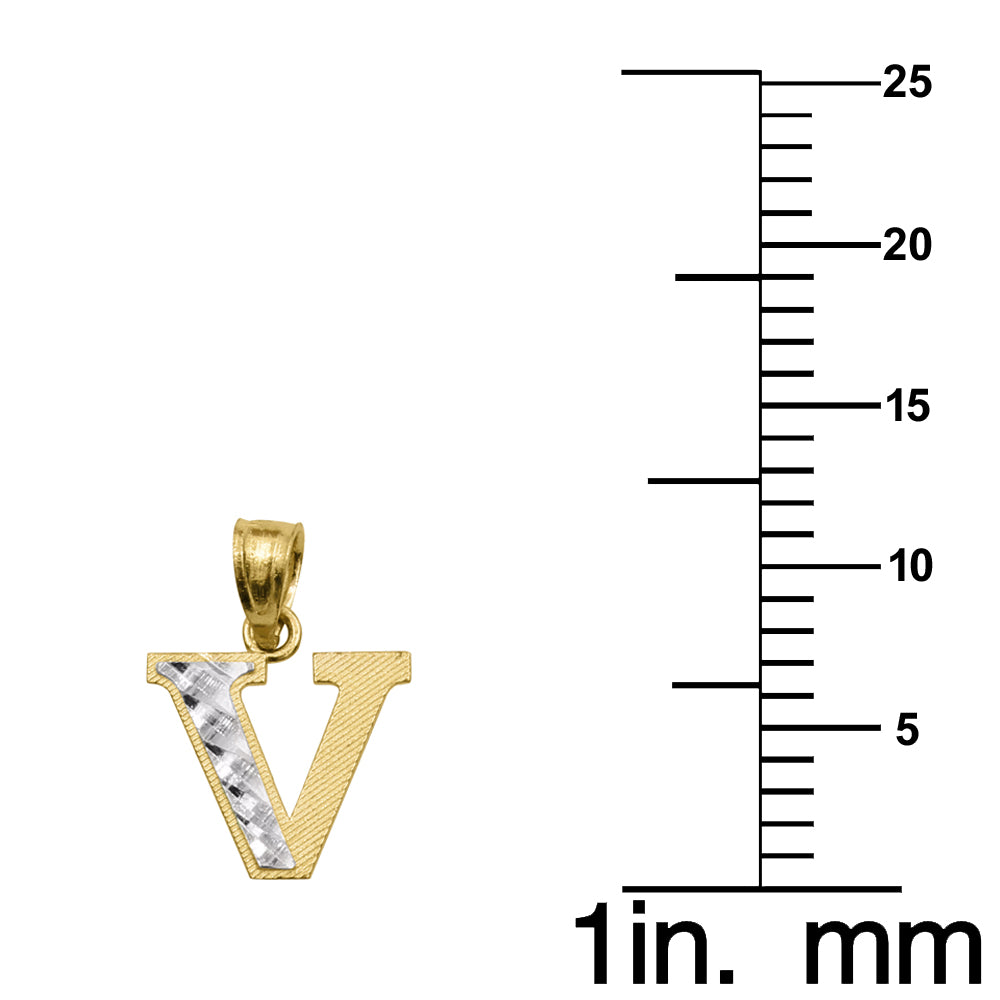 Genuine 14k Two-tone Gold 0.59" Diamond-cut Initial Block Letter 'V' Pendant For Men or Women - Gold Block Letter Charm