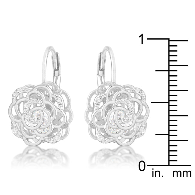 Silvertone Cubic Zirconia 3D Rose-Shape Drop Earrings