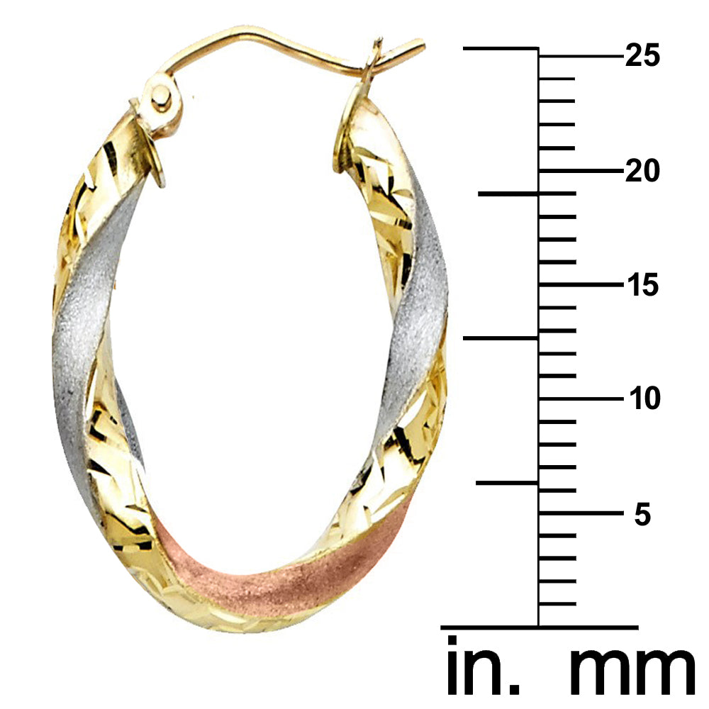 Genuine 14k Tri-tone Gold 3mm Wide Hollow Curled Oval Hoop Earrings for Women