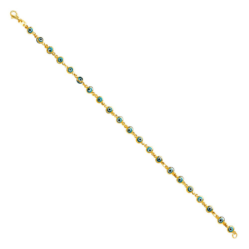 Genuine 14k Yellow Gold 4-mm Light Blue Enamel Evil Eye 7" Women's Bracelet