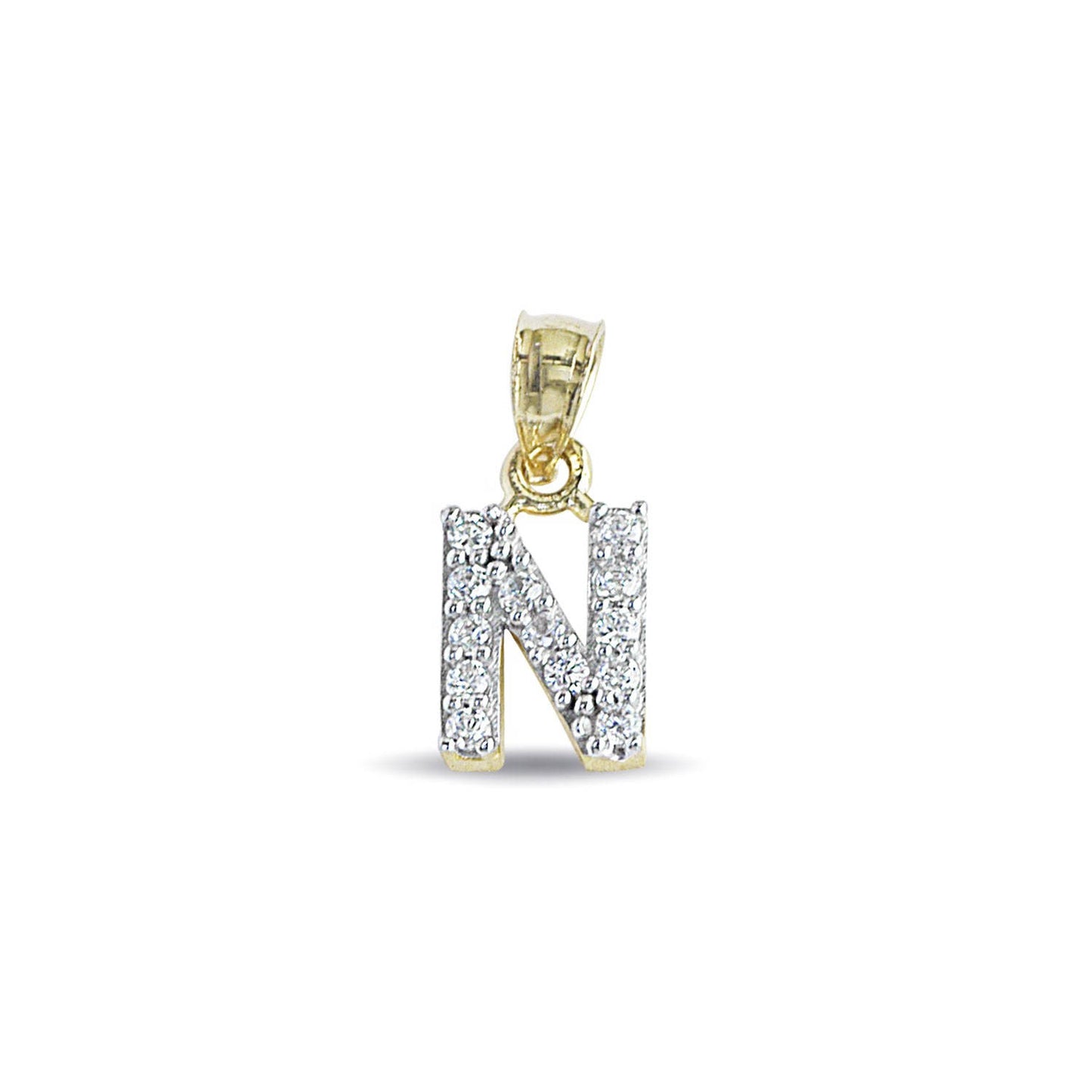 Genuine 14k Yellow Gold 0.59" Cubic Zirconia CZ Initial Block Letter 'N' Pendant for Men or Women - Gold Letter Charm