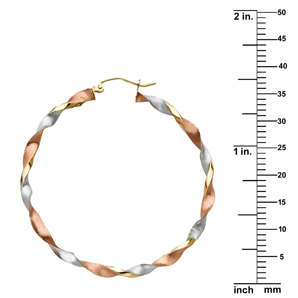 Genuine 14K Tri-tone Gold Large Twisted Hoop Earrings For Women - 35mm Diameter