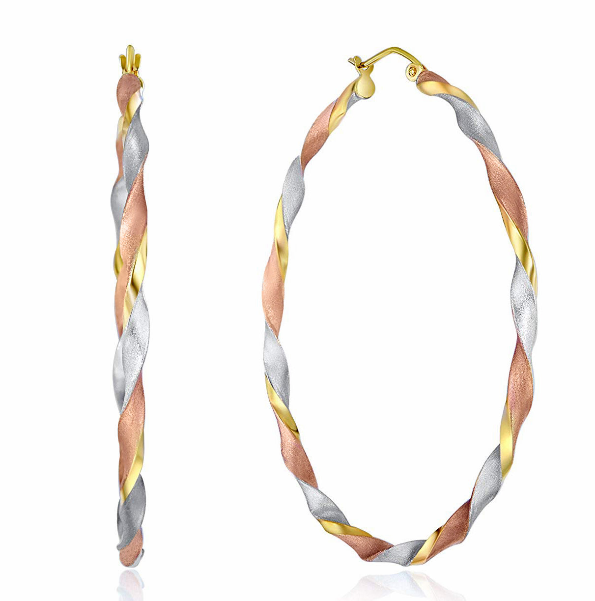 Genuine 14K Tri-tone Gold Large Twisted Hoop Earrings For Women - 55mm Diameter