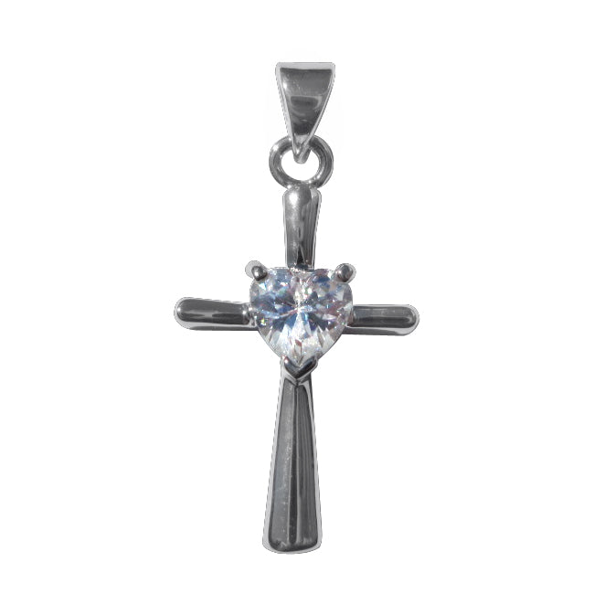 Sterling Silver Heart-Shaped Cubic Zirconia Cross Pendant Charm