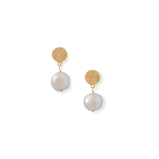 14kt Gold Plated Sterling Silver Disk and Cultured Freshwater Pearl Drop Earrings