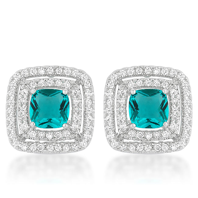 Precious Stars Silvertone Aqua Square Cubic Zirconia Halo Stud Earrings