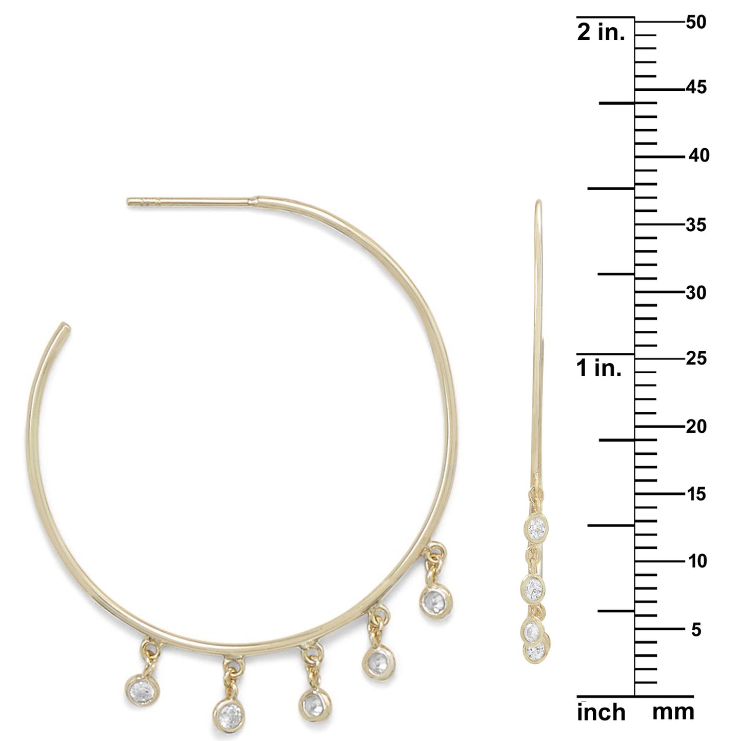 14k Yellow Gold Plated Sterling Silver Dangling Cubic Zirconia Large Hoop Earrings