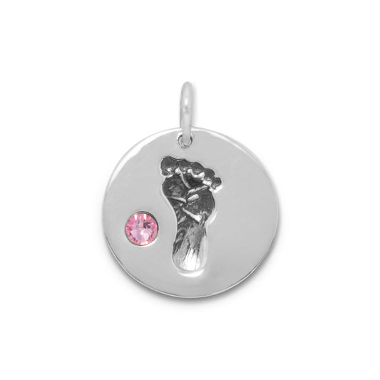 Authentic 925 Sterling Silver Footprint with Pink Crystal Women's Charm for Bracelet or Necklace