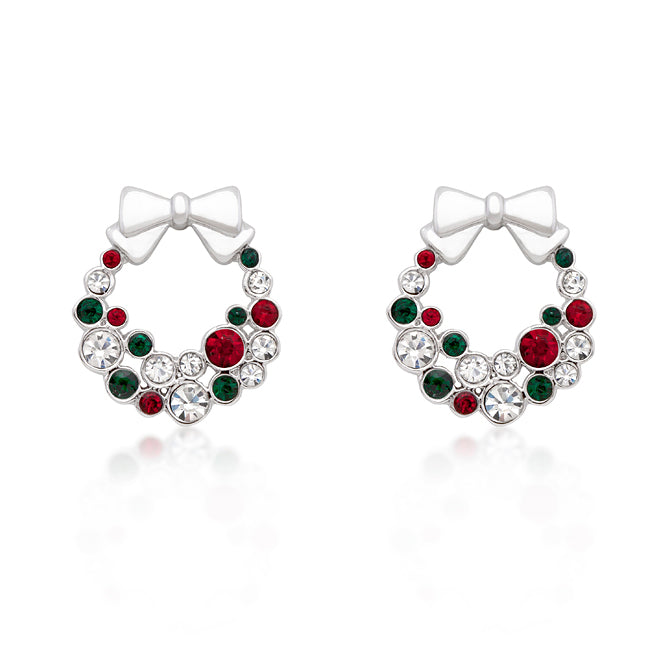 Silvertone Multicolor Crystal Wreath With Bow Holiday Earrings