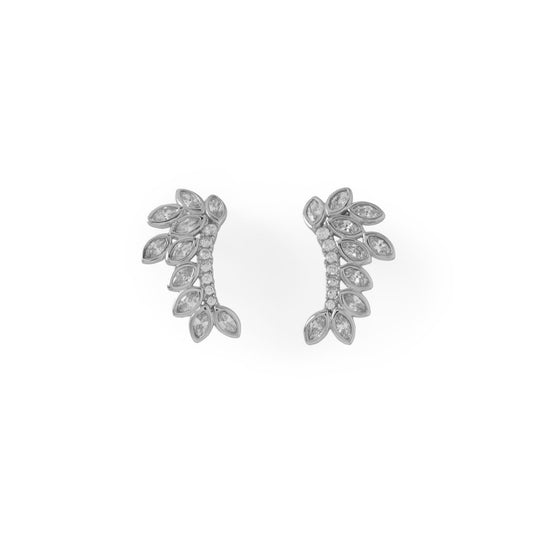 Rhodium Plated Sterling Silver Cubic Zirconia Leaf Drop Earrings