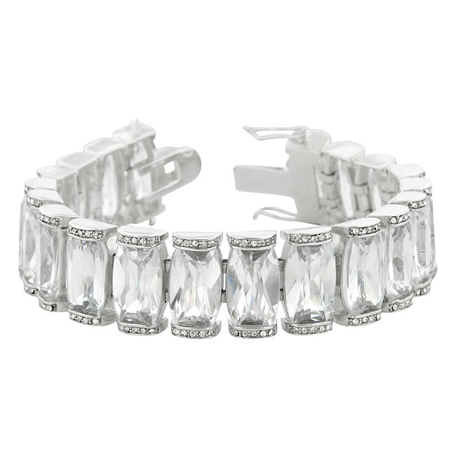 Silvertone Wide Cubic Zirconia Elegant Bridal Bracelet