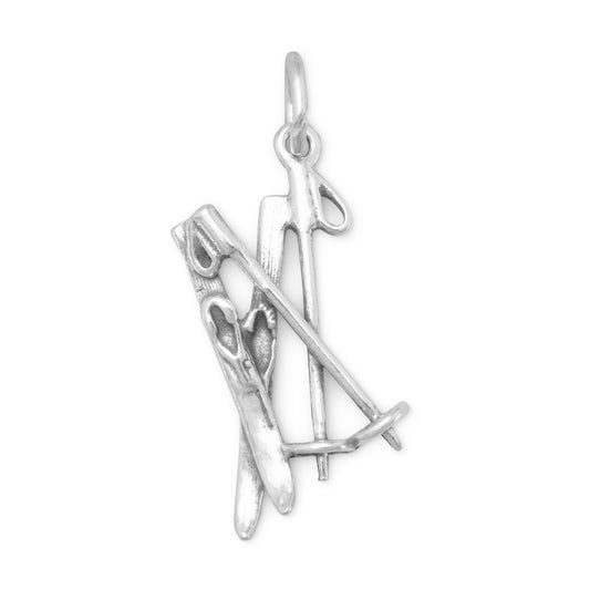 Authentic 925 Sterling Silver Snow Ski and Ski Poles Women's Charm for Bracelet or Necklace