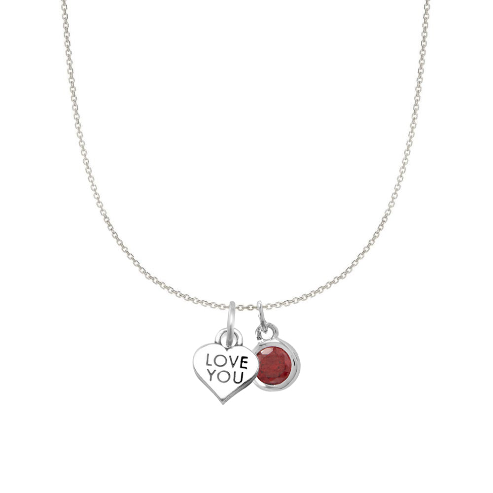 Sterling Silver 'Love You' and Birthstone Charm Necklace