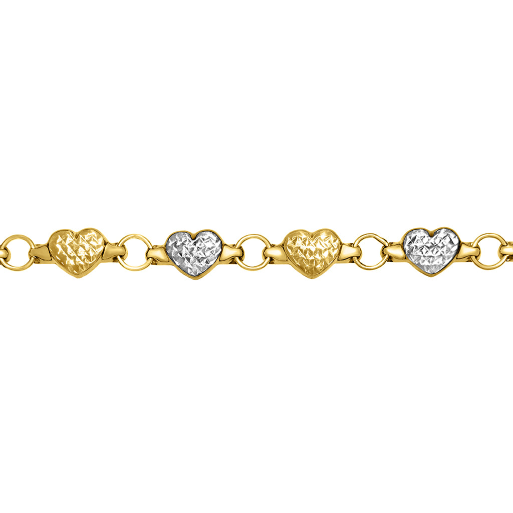 Genuine 14k Two-Tone Gold Stamped Heart 7.25" Women's Bracelet