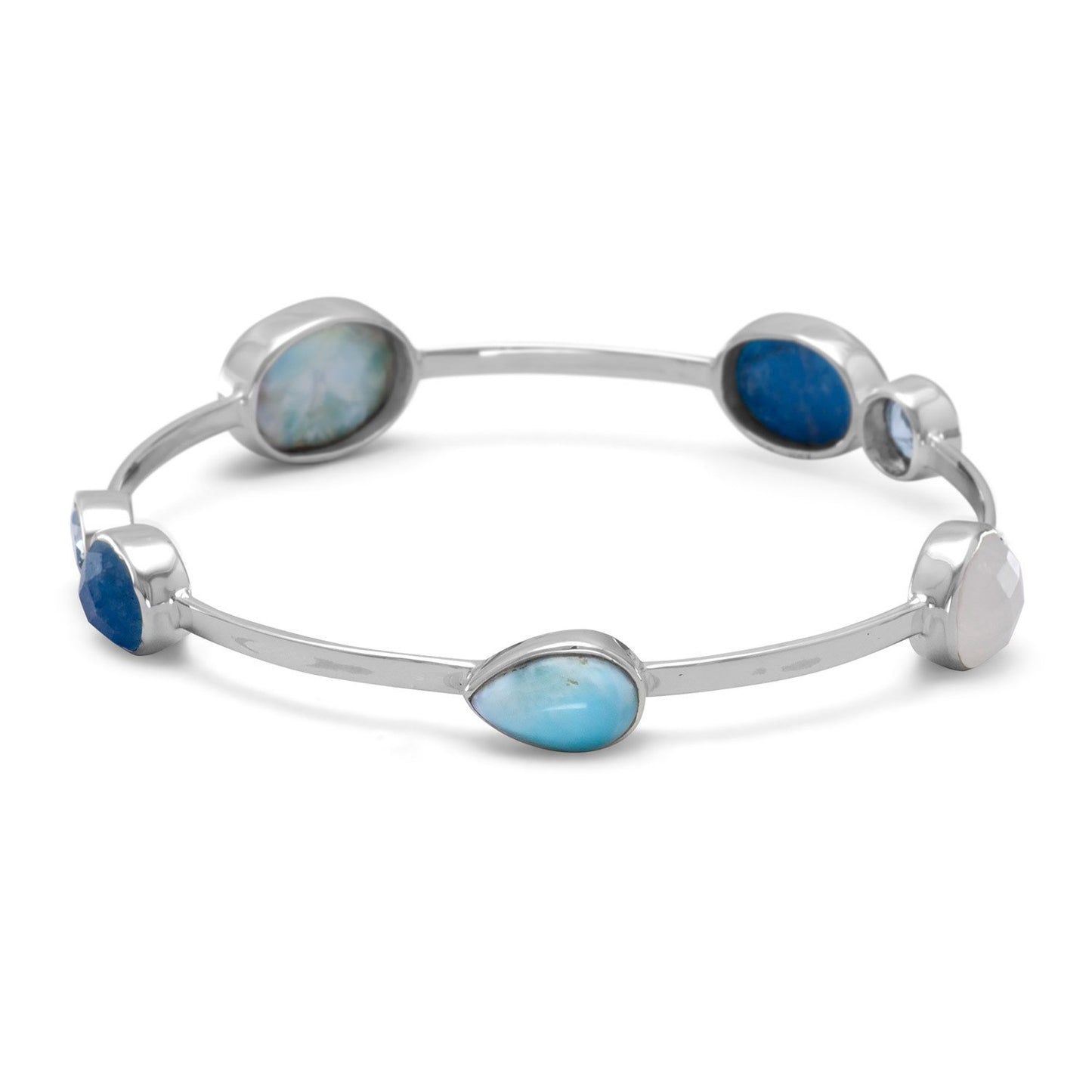 Authentic 925 Sterling Silver Larimar, Blue Topaz Multi-Gemstone Women's Bangle Bracelet