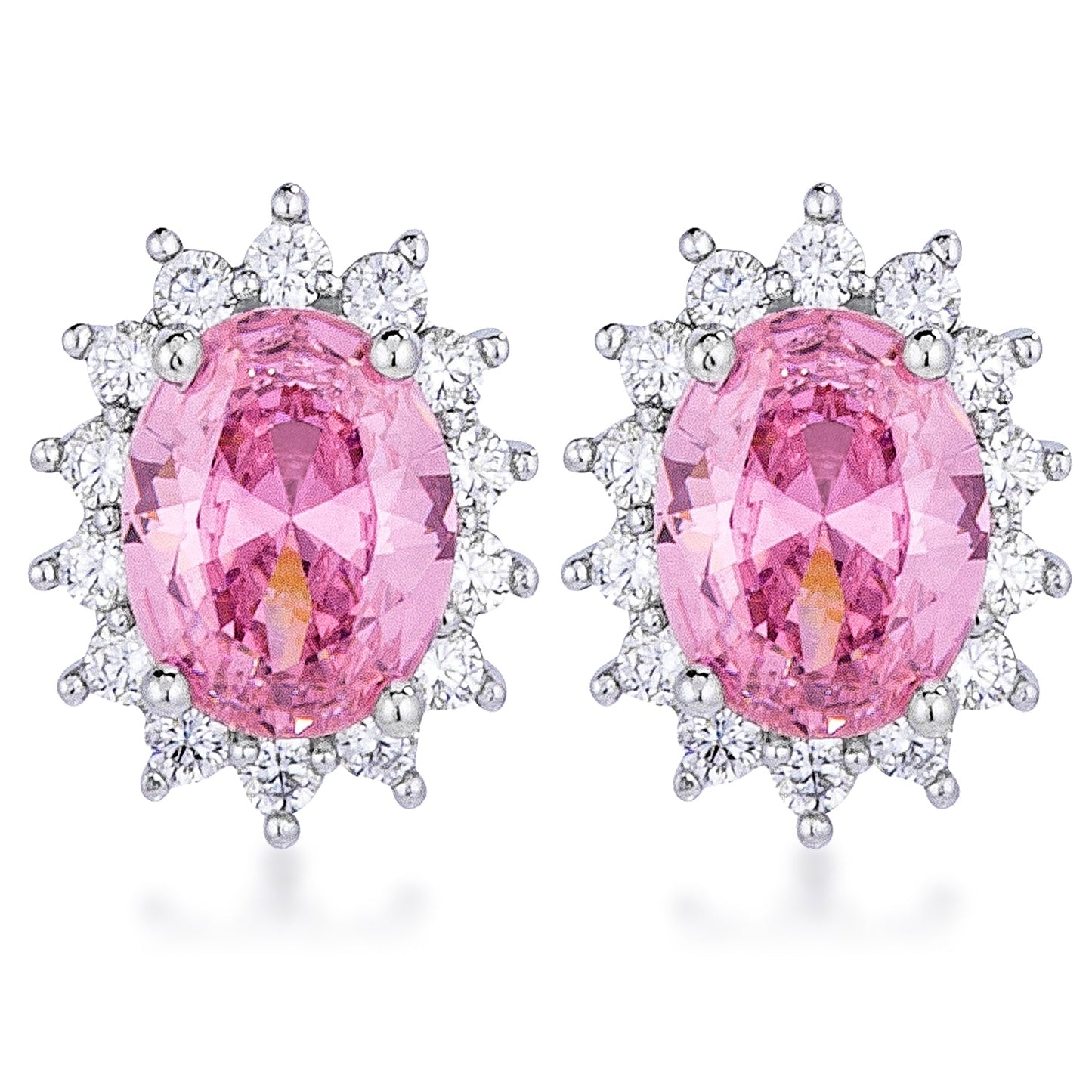 Silvertone Pink Cubic Zirconia Oval Royal Earrings Studs