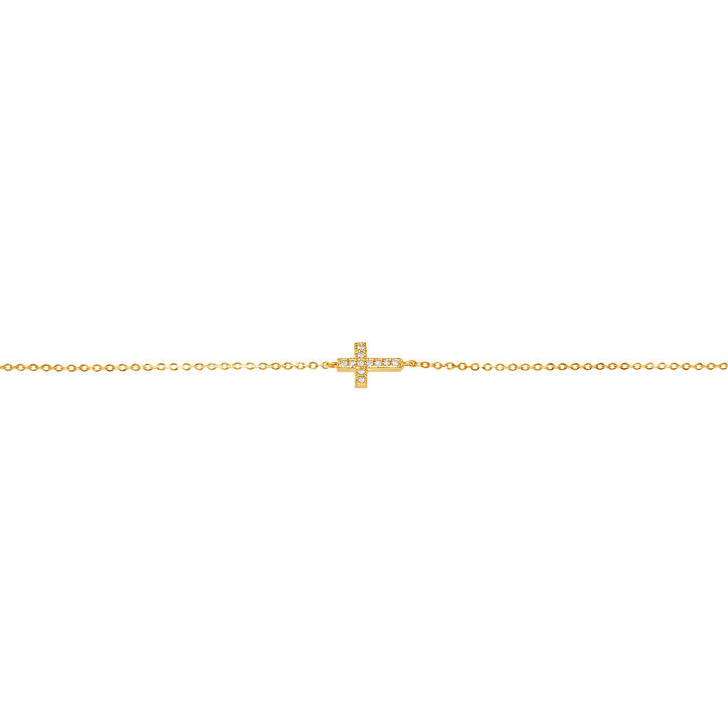 Genuine 14k Yellow Gold Cubic Zirconia CZ Sideways Cross 7"+1" Women's Bracelet