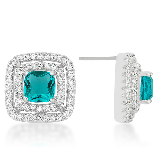 Precious Stars Silvertone Aqua Square Cubic Zirconia Halo Stud Earrings