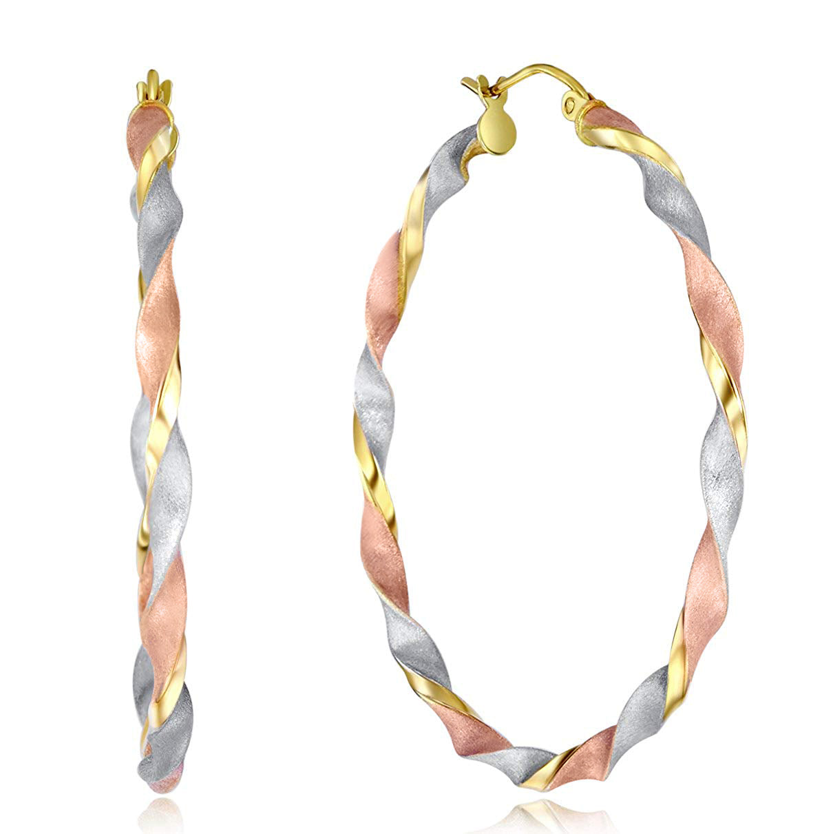 Genuine 14K Tri-tone Gold Large Twisted Hoop Earrings For Women - 45mm Diameter