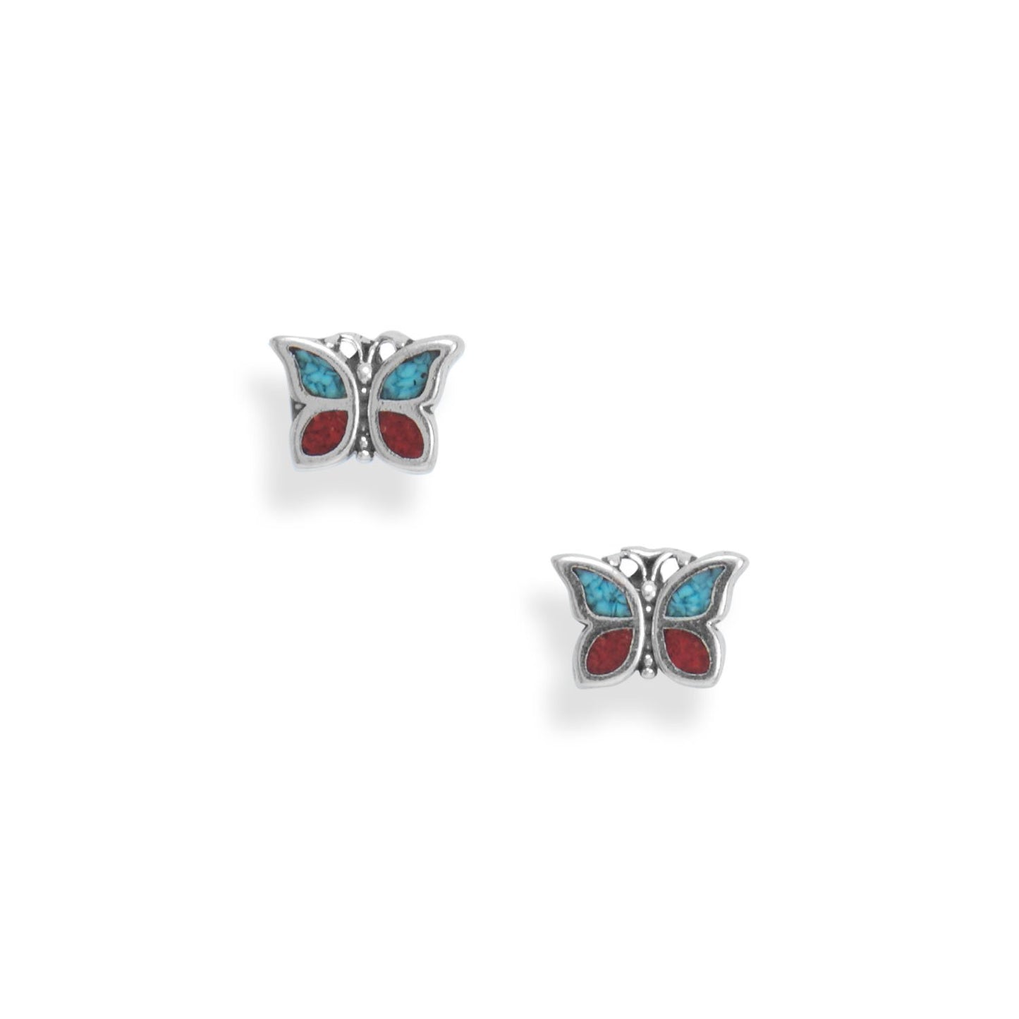 Sterling Silver Coral and Turquoise Chip Butterfly Earrings