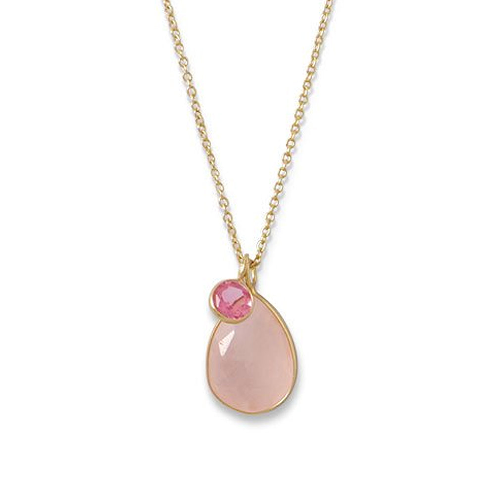 14k Yellow Gold Plated Sterling Silver Rose Quartz and Pink Hydro Glass Necklace