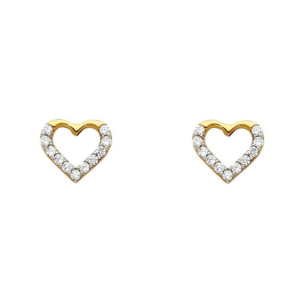 Genuine 14k Yellow Gold 8mm Cubic Zirconia CZ Lined Open Heart Ladies Stud Earrings