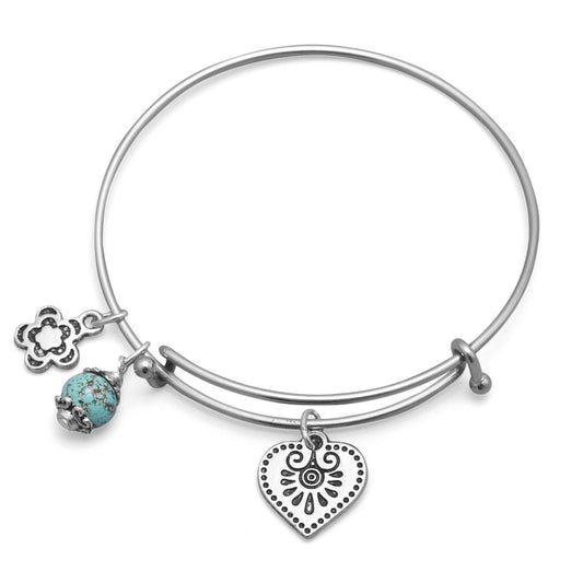 Silvertone Expandable Heart Charm Fashion Bangle Bracelet