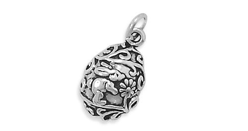 Authentic 925 Sterling Silver Egg with Bunny & Flowers Women's Charm for Bracelet or Necklace