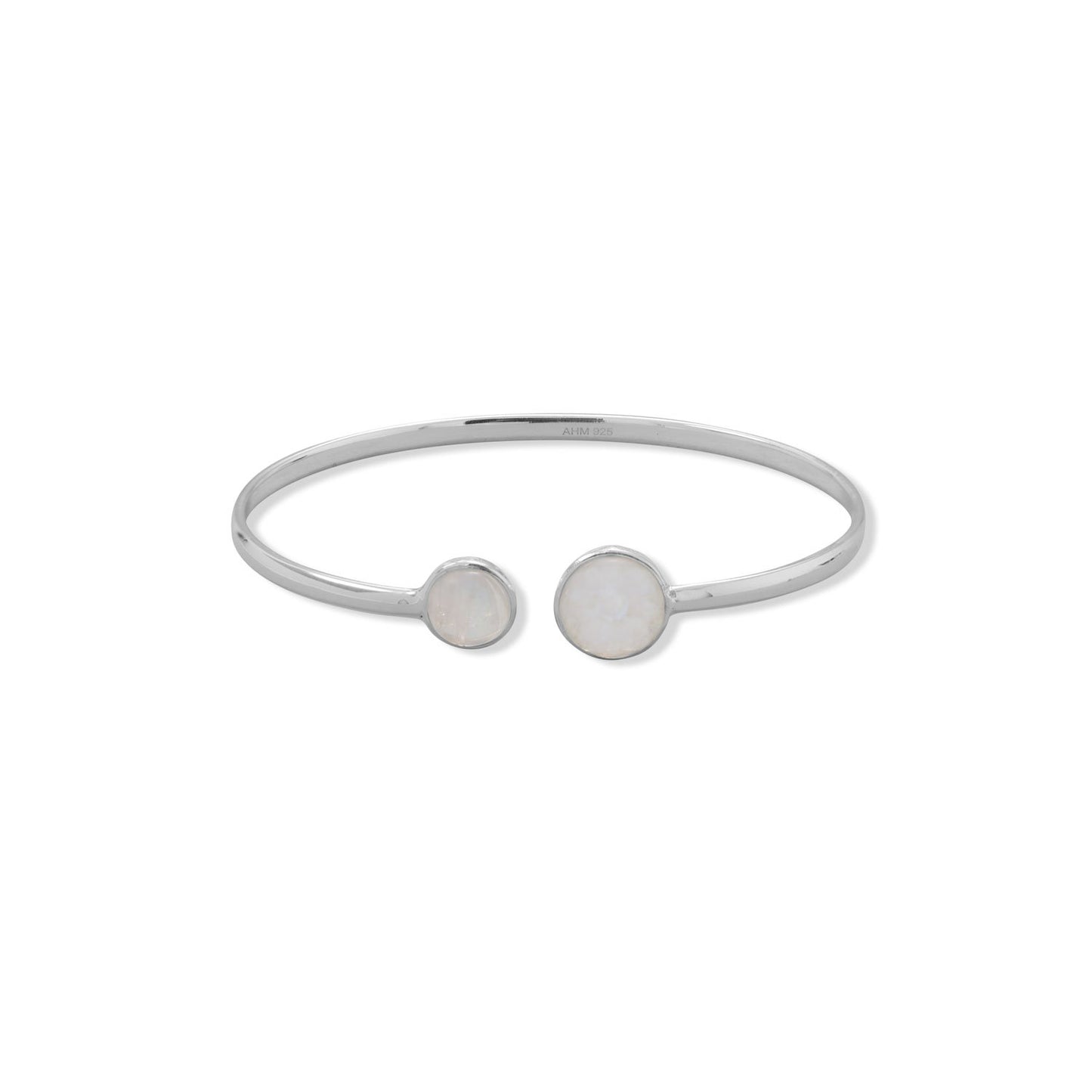 Authentic 925 Sterling Silver Round Rainbow Moonstone Women's Cuff Bracelet