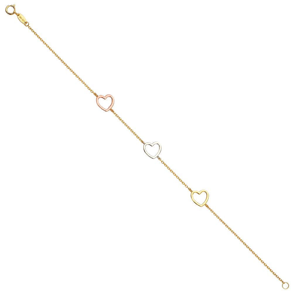 Genuine 14k Tri-Tone Gold Open-Heart Charm Chain 7"+1" Women's Bracelet