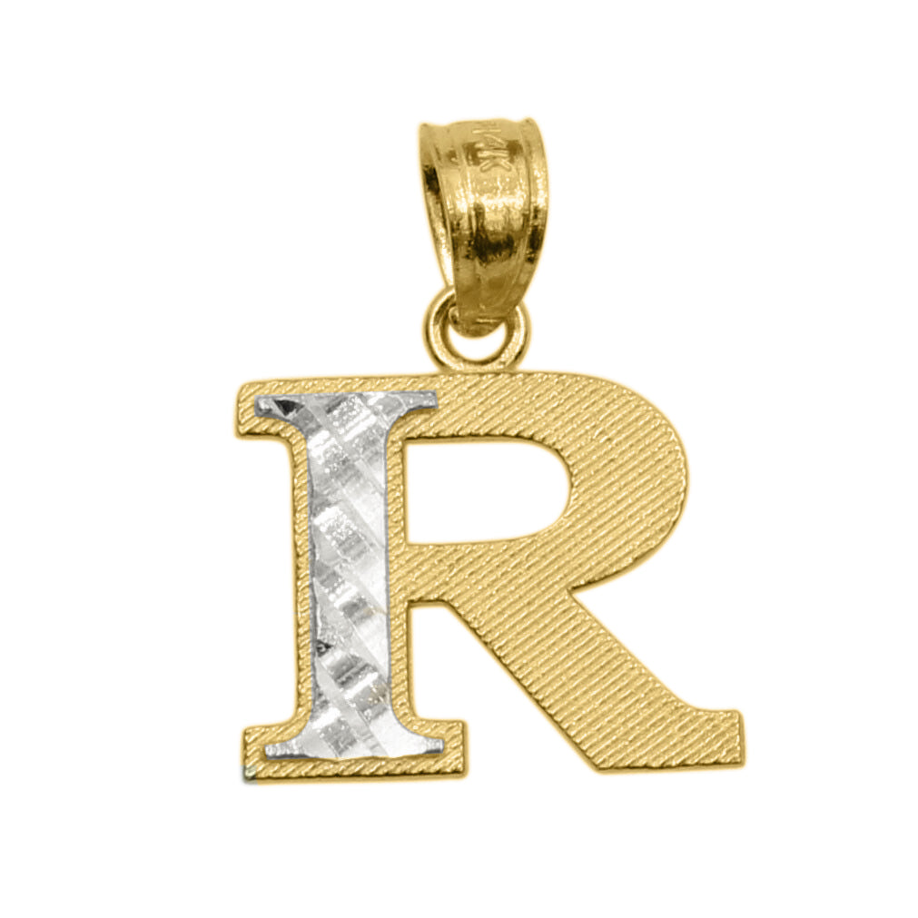 Genuine 14k Two-tone Gold 0.59" Diamond-cut Initial Block Letter 'R' Pendant For Men or Women - Gold Block Letter Charm